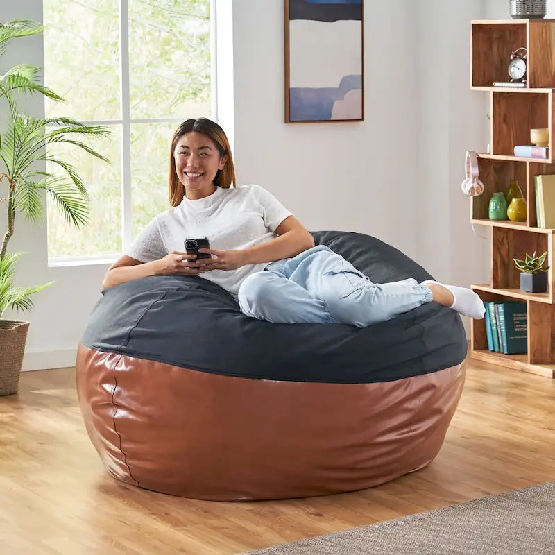 Modern Pouf a sacco in tessuto bicolore e similpelle da 150 cm