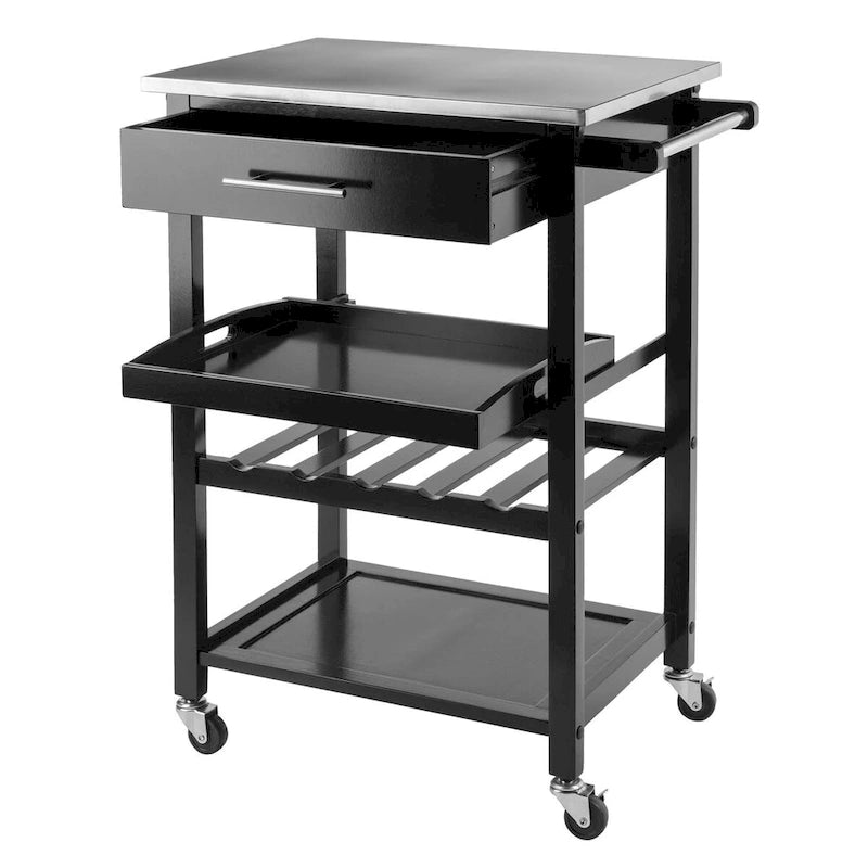 Carrello da Cucina Utility, Piano in Acciaio Inox, Nero