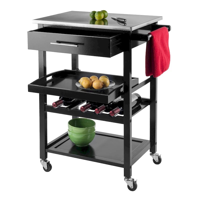 Carrello da Cucina Utility, Piano in Acciaio Inox, Nero