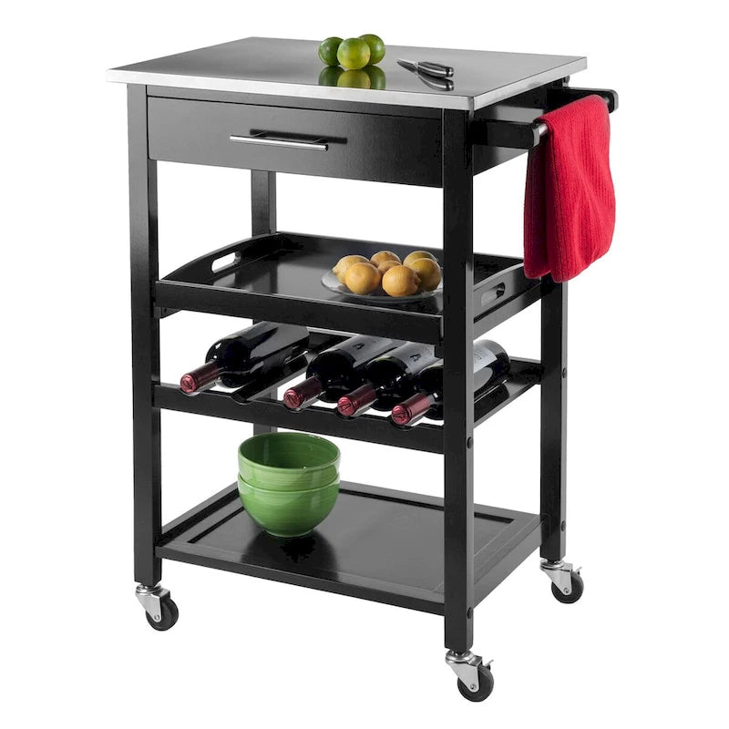 Carrello da Cucina Utility, Piano in Acciaio Inox, Nero