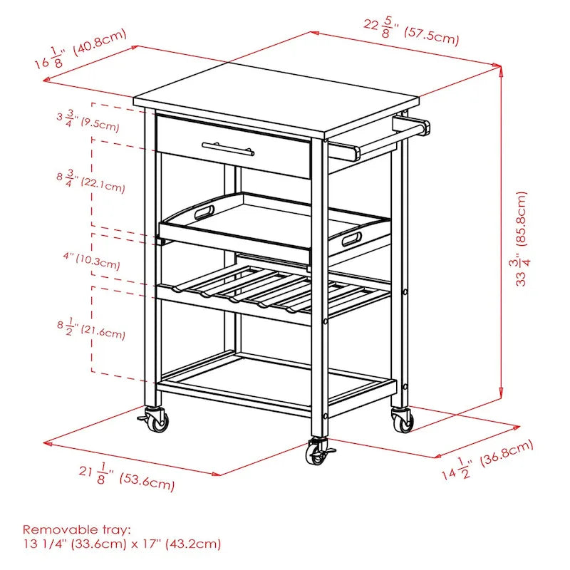 Carrello da Cucina Utility, Piano in Acciaio Inox, Nero