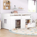 White Low Loft Bed with Drawers & Stairway