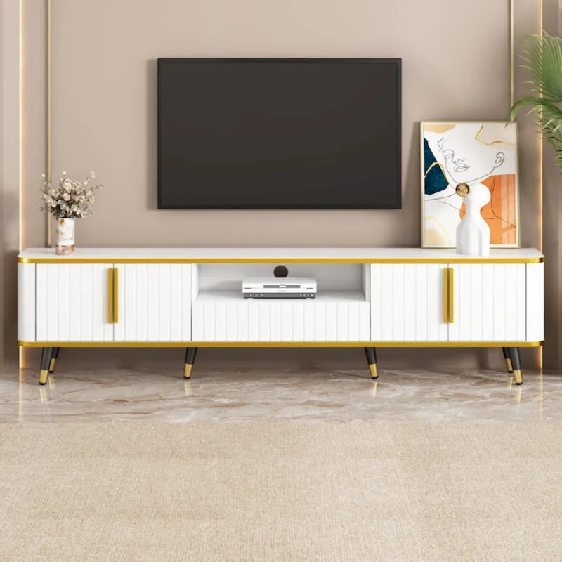 Mobile TV Minimalista di Lusso con Ripiano Aperto per TV Fino a 85 Pollici, Centro Intrattenimento con Armadietti e Cassetti