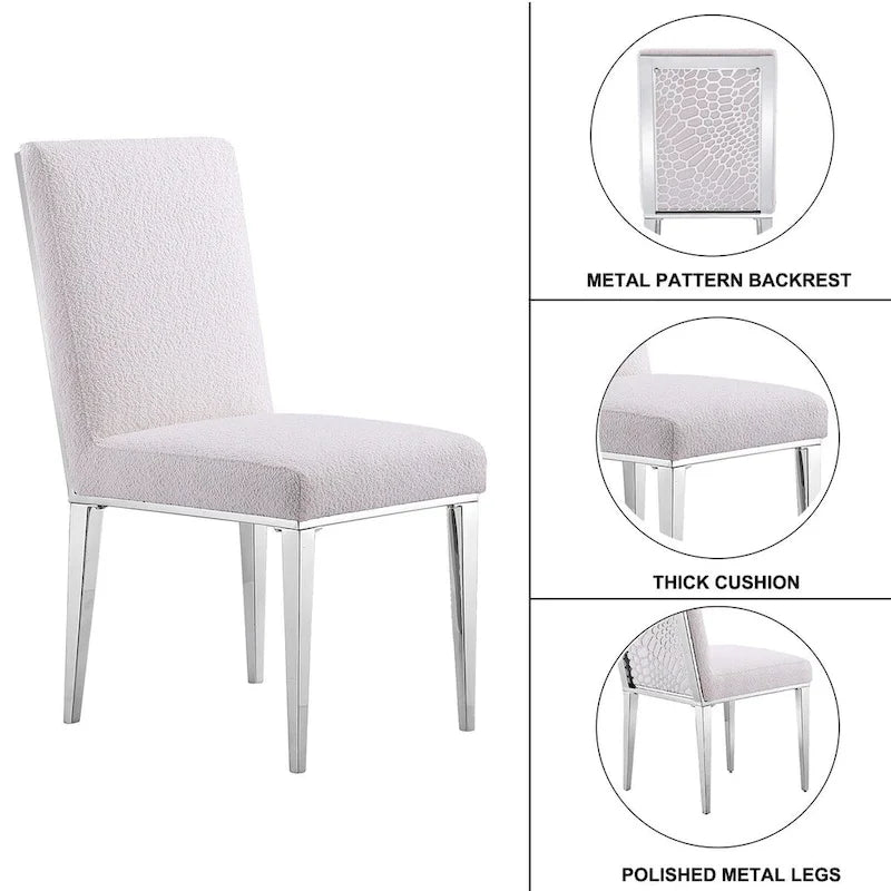 Lussuose sedie da pranzo in bouclé bianco con gambe a specchio in metallo argentato