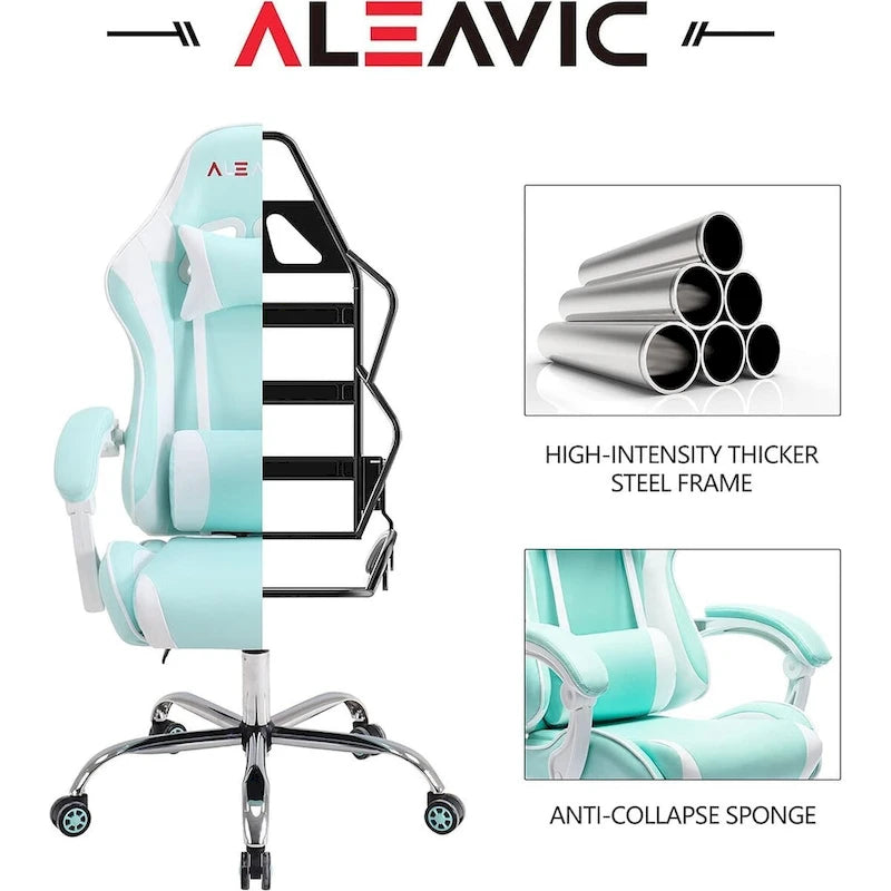 Sedia da Gaming Stile Racing, Sedia da Ufficio da Gaming Regolabile in Altezza in Pelle PU con Poggiatesta e Supporto Massaggiante Lombare