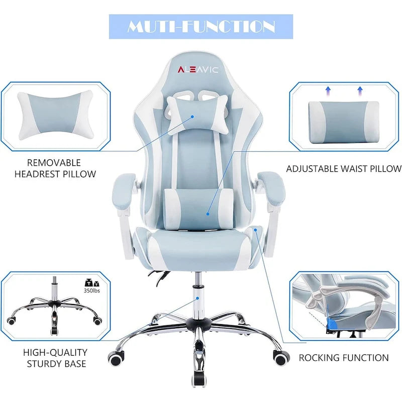 Sedia da Gaming Stile Racing, Sedia da Ufficio da Gaming Regolabile in Altezza in Pelle PU con Poggiatesta e Supporto Massaggiante Lombare