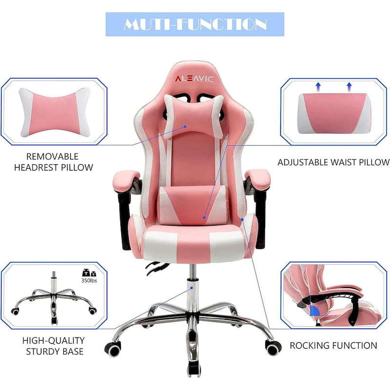 Sedia da Gaming Stile Racing, Sedia da Ufficio da Gaming Regolabile in Altezza in Pelle PU con Poggiatesta e Supporto Massaggiante Lombare