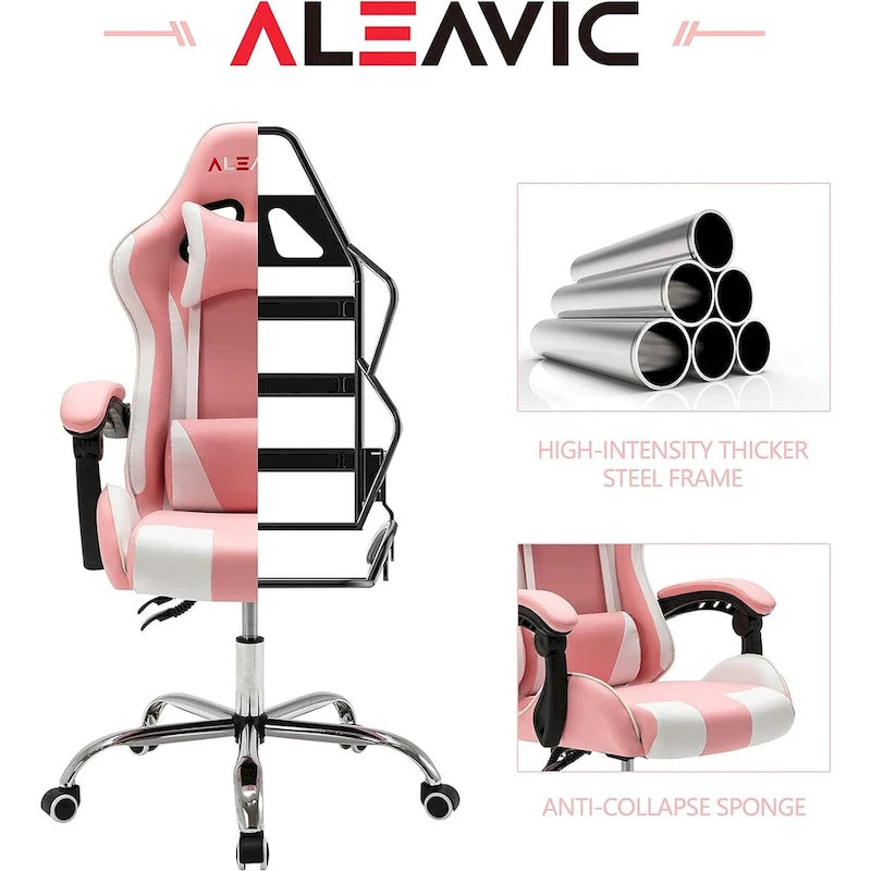 Sedia da Gaming Stile Racing, Sedia da Ufficio da Gaming Regolabile in Altezza in Pelle PU con Poggiatesta e Supporto Massaggiante Lombare