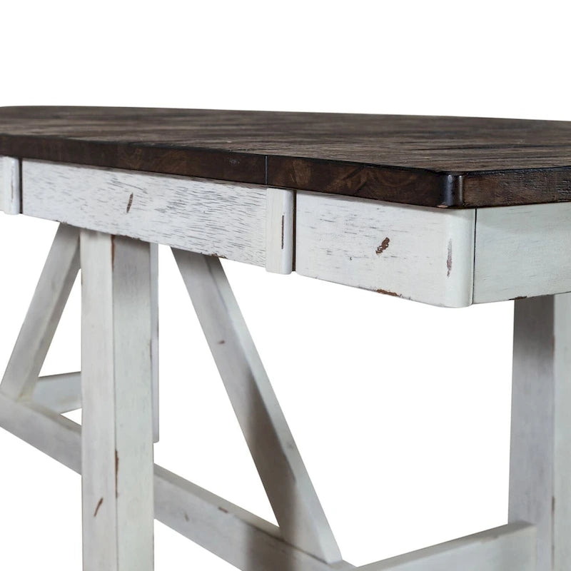 Tavolo con gambe a cavalletto in legno bianco anticato due tonalità stile rustico