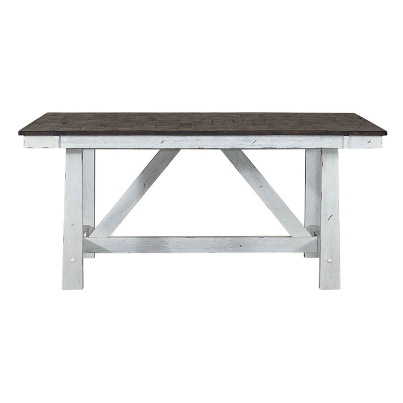 Tavolo con gambe a cavalletto in legno bianco anticato due tonalità stile rustico